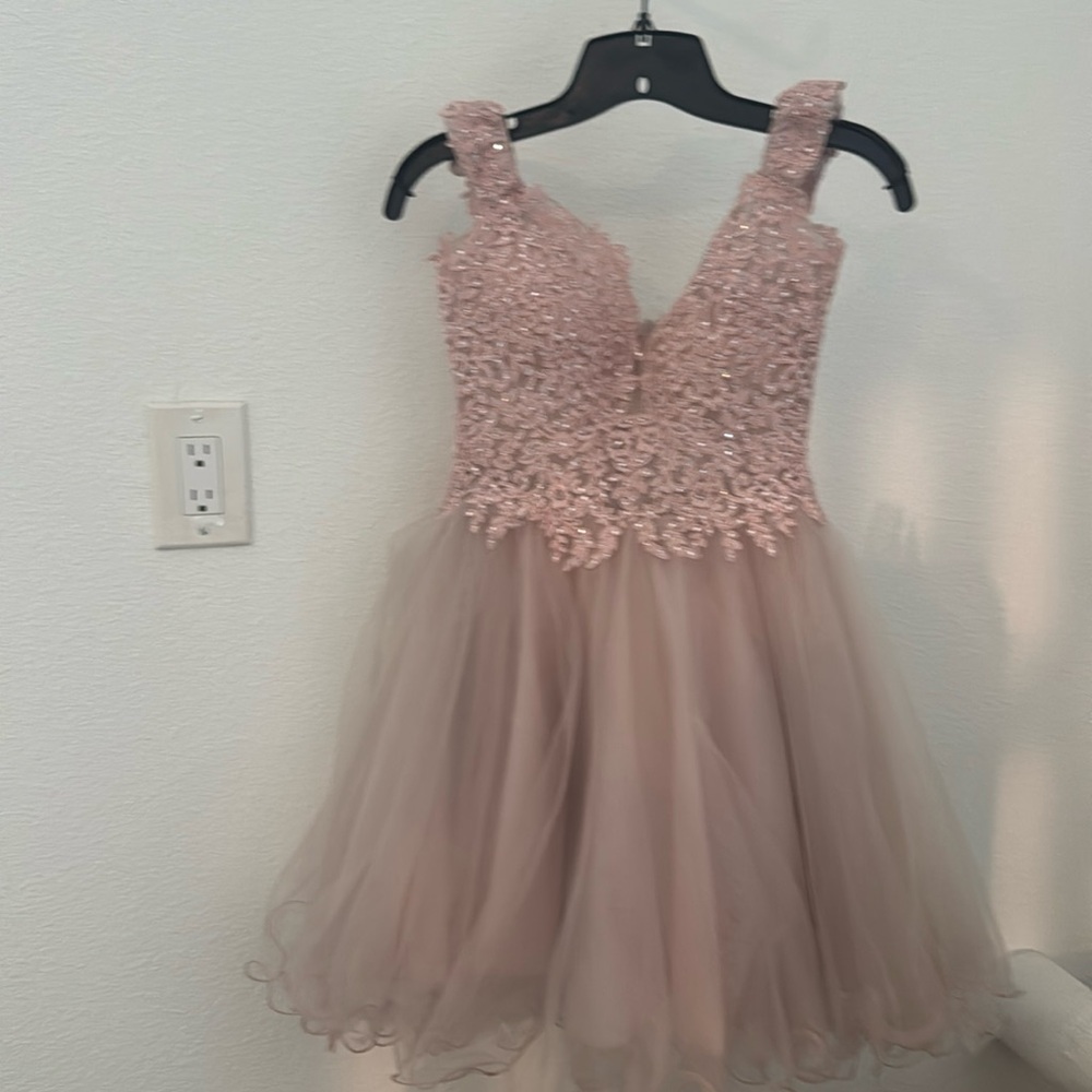 Formal cocktail dress. Baby pink. Fine details. Lace & gem stones. Tulle skirt